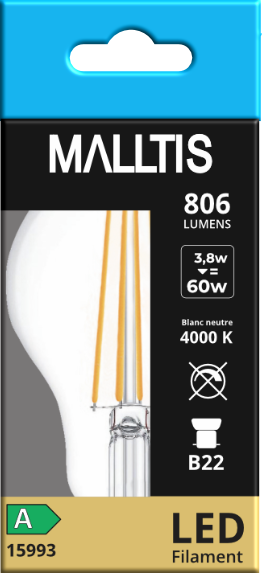 Ampoule LED Fil. (D) Std claire 4000K 3,8W 806L B22 - classe A