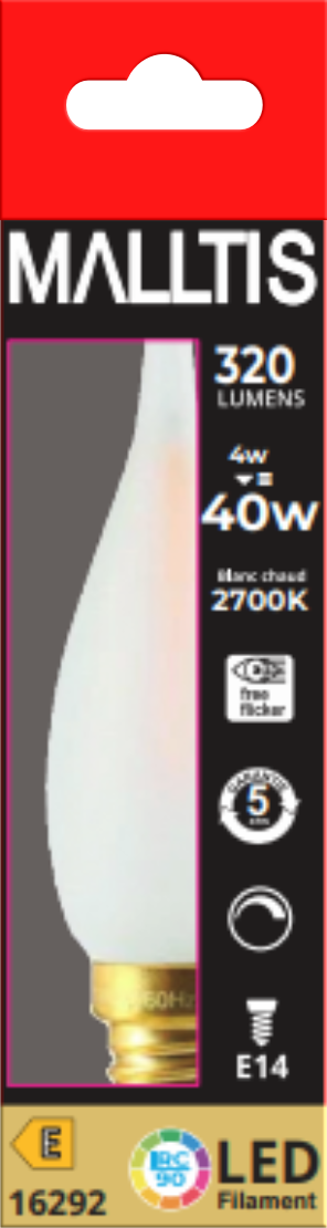 Ampoule LED Flamme CDV droite Dépoli Ext. 2700K 1W 100L E14 IRC90