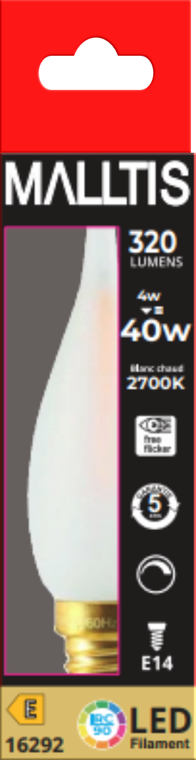 Ampoule LED Flamme CDV droite Dépoli Ext. 2700L 4W 300L E14 IRC90 Dimmable