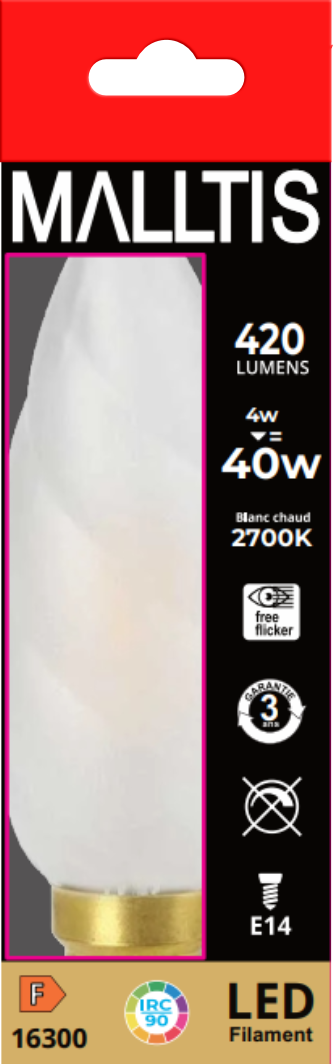 Ampoule LED Fil. Flamme Torsadée Géante Dépolie 2700K 4W 450Lm E14 IRC90
