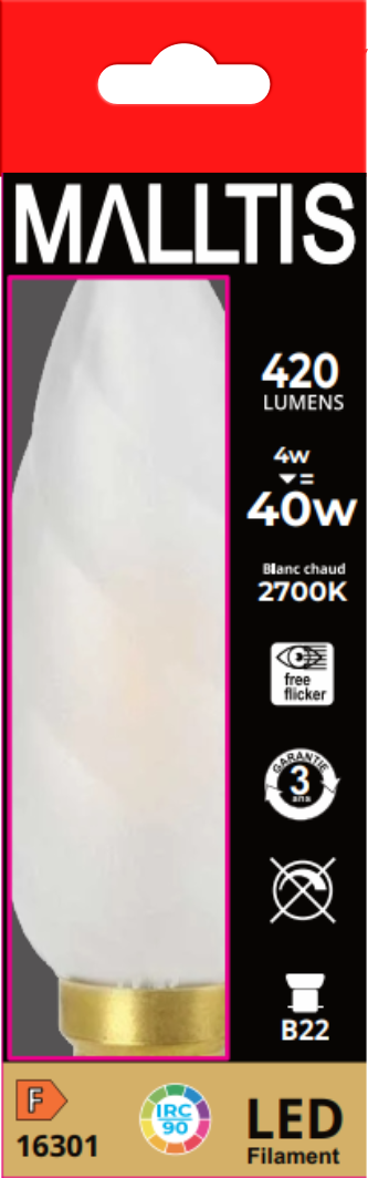 Ampoule LED Fil. Flamme Torsadée Géante Dépolie 2700K 4W 450L B22 IRC90