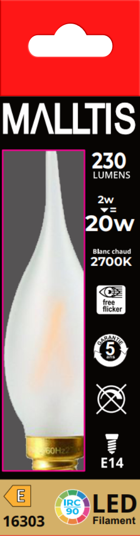 Ampoule LED Fil. Flamme CDV Dépolie 2700K 2W 230Lm E14 IRC90