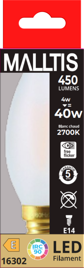 Ampoule LED Flamme Torsadée Dépoli Ext. 2700K 6W 800L E14 IRC90 Dimmable
