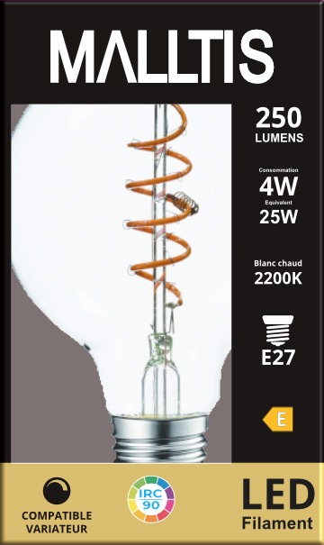 Ampoule LED Fil. (T) Globe G80 claire 2200K 4W 250L E27 dimmable IRC90