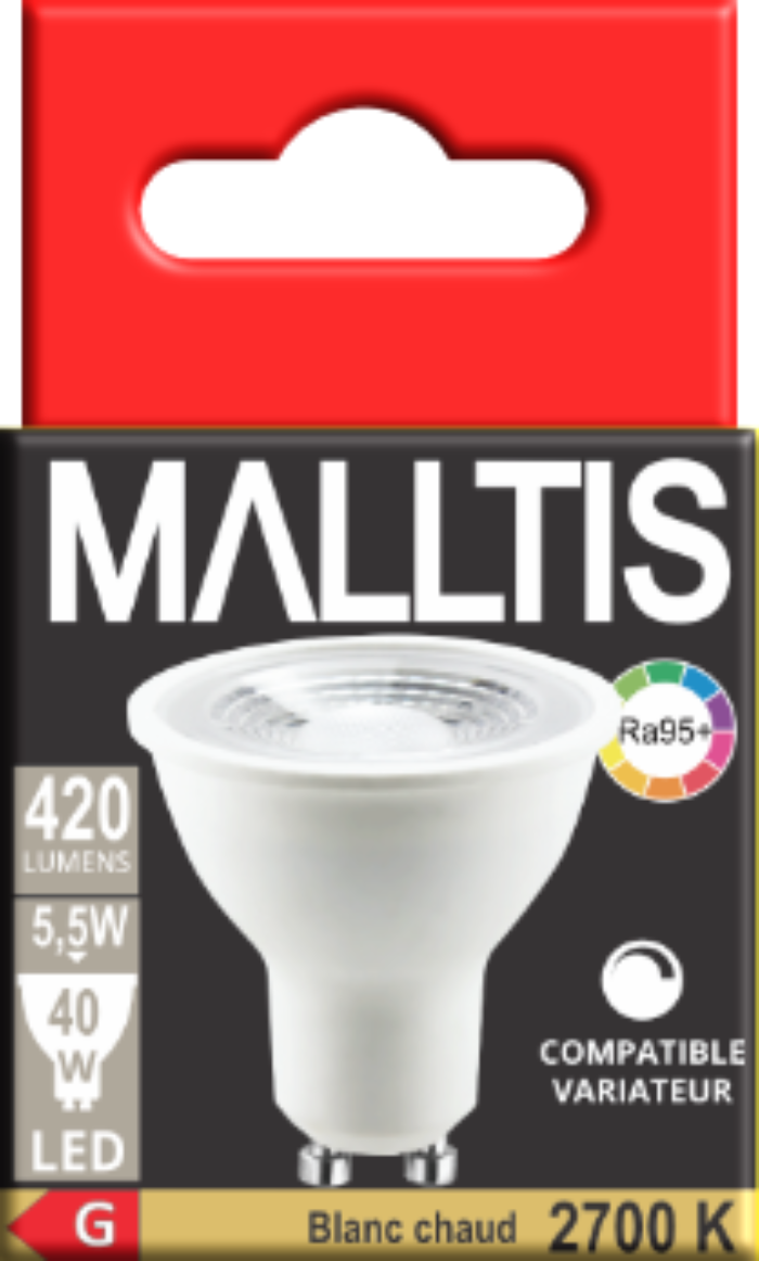 Ampoule LED GU10 5.5W 2700K 36° 420L IRC95 dim.