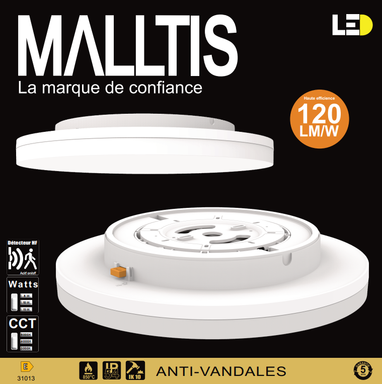 Hublot LED rond avec détecteur de mouvement diam 260 8W-10W-15W 120Lm/W CCT
